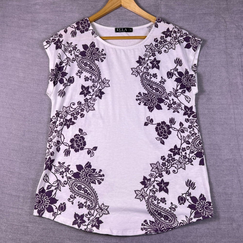 ECLA Paisley Floral Cap Sleeve Round Neck T-Shirt Women Medium‎ White Purple